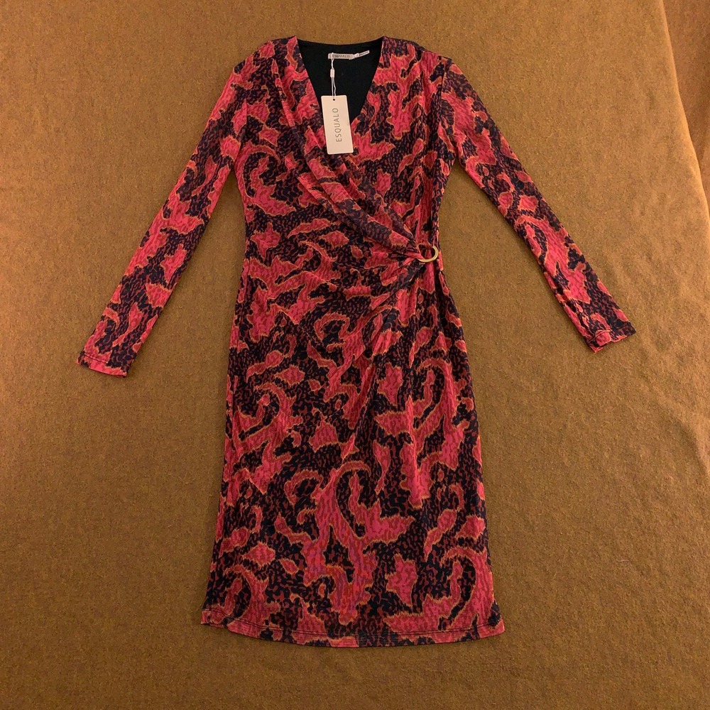 Esqualo Womens XS Pink Orange Abstract Print F24.30511 Wrap Front Dress NWT